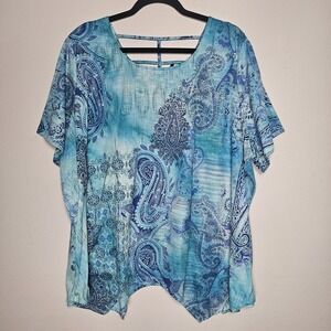 Catherines Womens 2XWP Petite Blue Paisley Assymetrical Hem Shirt Top‎ Arsty